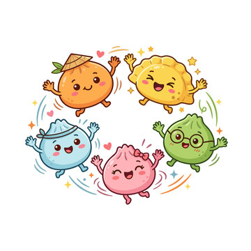 Cute dumpling characters spinning joyfully in a colorful circle with a fun background
