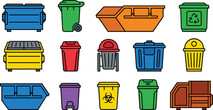 Set of waste management bins including recycling garbage containers dumpsters trash cans for sanitation collection and environmental cleaning vector illustration