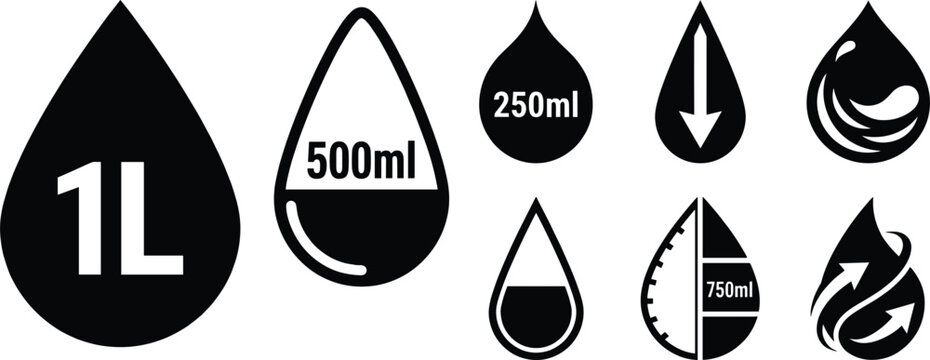 Set of water drop icons with volume measurements including liters and milliliters and liquid symbols isolated black vector illustration