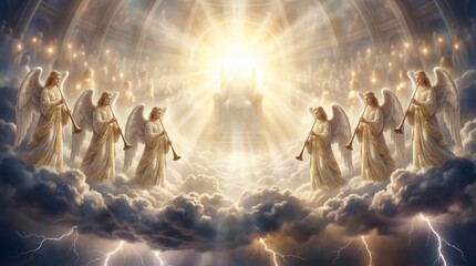 Naklejka premium Angels playing trumpets around the throne of Jesus Christ in heaven. Cinematic depiction of the second coming or resurrection. Divine light rays and clouds with biblical religious theme.