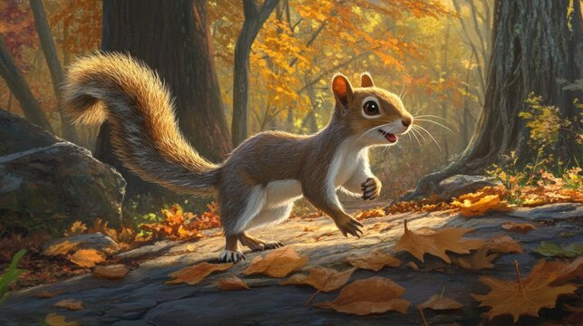 Squirrel Darting Across Autumn Forest Path