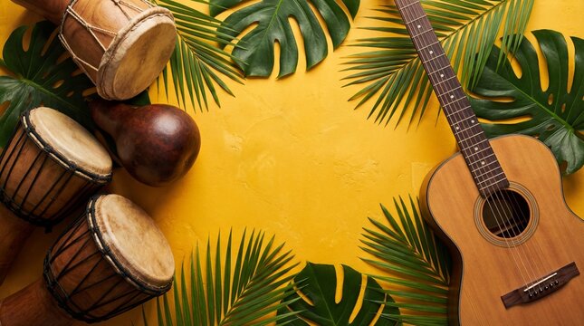 Acoustic Guitar Drums and Tropical Leaves on Vibrant Yellow Surface Perfect for Music Events and Exotic Themed Promotions