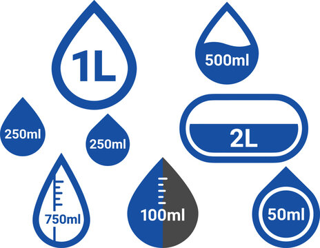 Water measurement icons set showing volume labels in milliliters and liters including drops bottles containers for liquid capacity vector illustration