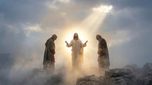 Jesus Christ standing with outstretched hands between two disciples on mountain. Transfiguration scene with divine light and fog. Biblical religious concept for catholic worship.