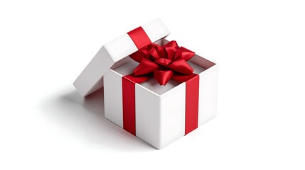 Obraz premium Elegant White Gift Box with Vibrant Red Ribbon and Bow, Partially Open, Isolated on White Background - Celebration Surprise