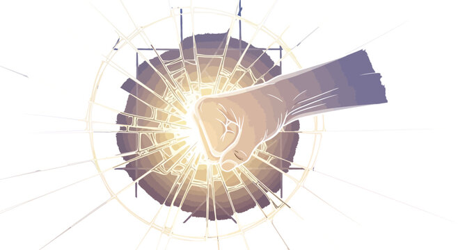 Fist punching through a broken glass wall with a bright light behind it strongly