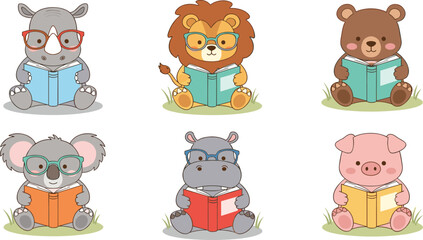 Obraz premium Cute Cartoon Reading Animal Set Featuring Rhino, Lion, Bear, Koala, Hippo, and Pig with Glasses Holding Books for Kids Education and Nursery Design Projects.