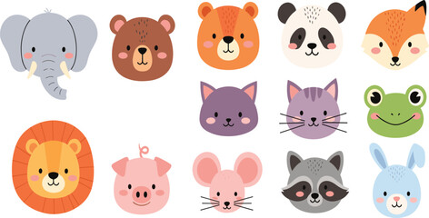 Fototapeta premium Cute Cartoon Animal Faces Collection Featuring Elephant, Bear, Panda, Fox, Lion, Pig, Cat, Frog, Rabbit and More Adorable Wildlife Head Icons for Kids Design Projects.