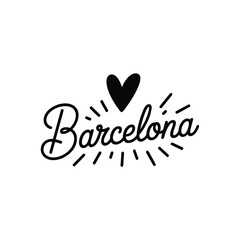 Obraz premium Black and white illustration of the word barcelona with a heart and rays