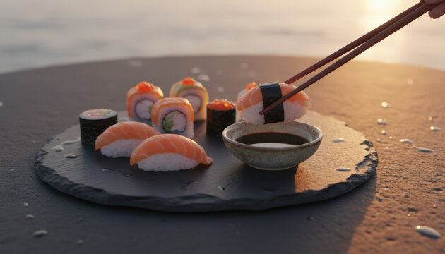 Sushi platter with nigiri and rolls on slate by sea at sunset