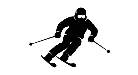 Obraz premium Skier in black silhouette skiing downhill with poles in hand against a plain background.