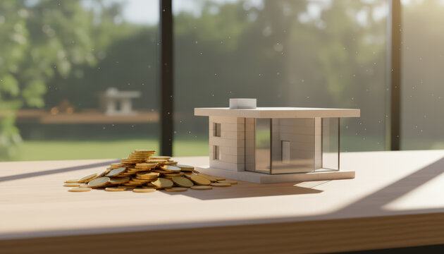 Miniature modern house model beside stack of coins on wooden table