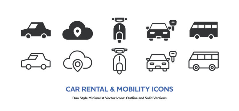 車やバスなどの乗り物と、位置情報やセキュリティのアイコンセット。線画と塗りのベクター素材