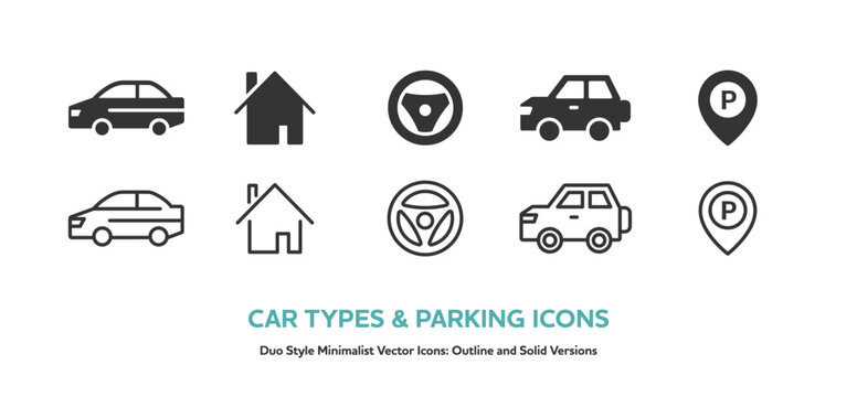 スポーツカーやSUVなど車の種類と自宅、駐車場のアイコンセット。線画と塗りのベクター素材