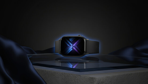 Sleek smartwatch with glowing display on reflective surface