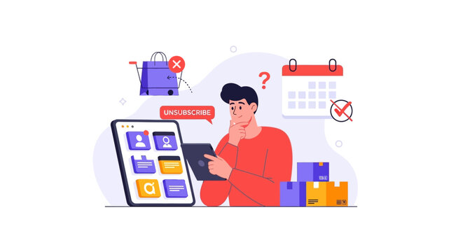 Man Deciding to Unsubscribe: Online Subscription Cancellation, Account Management, and Customer Churn Concept