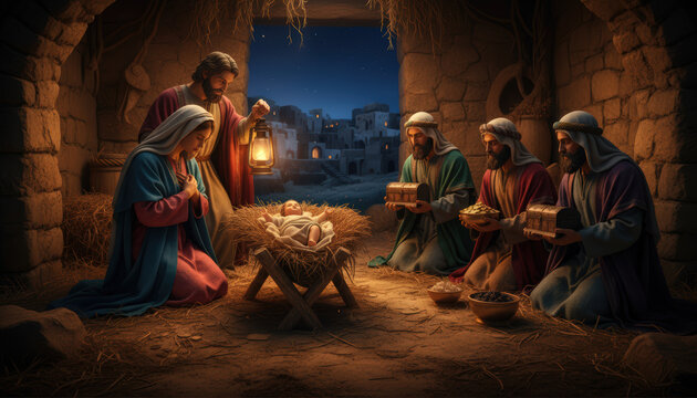 Nativity scene with baby Jesus, Mary, Joseph, and wise men offering gifts