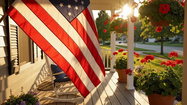 Charming front porch with American flag and blooming flowers. Sunlight filters through, creating warm atmosphere. Peaceful setting invites relaxation and outdoor enjoyment.