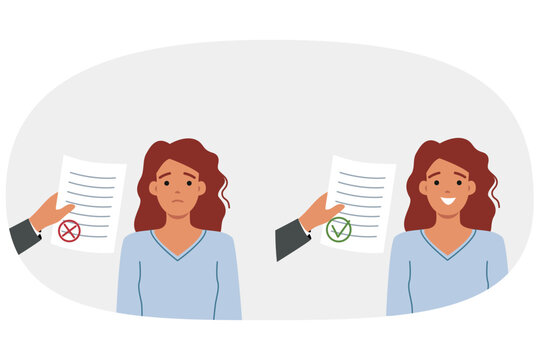Document with permission or prohibition near woman who received notice from tax department. Girl smiles after receiving positive answer and is upset because of document with refutation