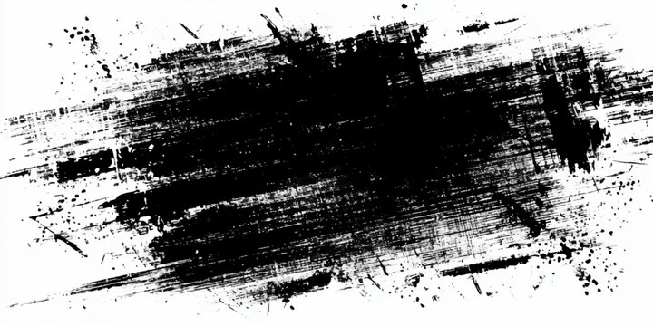 Abstract black ink splat on a grunge vector texture featuring a dirty brush stroke border and vintage paint splatter element for a rough paper banner design illustration