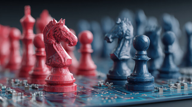 Intense competitive chess game showing red team piece facing blue team piece on technology circuit board representing cyber battle