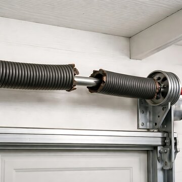 A broken garage door torsion spring snapped in a residential garage requiring professional repair service.