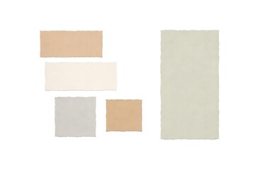 Fototapeta premium Assorted neutral paper scraps with deckle edges arranged on a white background for design mockups.