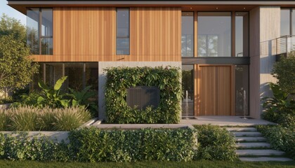 Fototapeta premium Residential building facade showcases wooden siding panels next to a garden area featuring a fountain and lush green plant landscaping