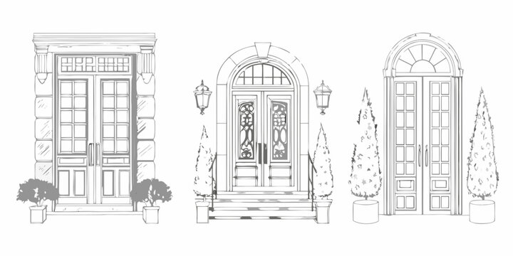 Sketch of three ornate doors with flanking greenery and architectural details