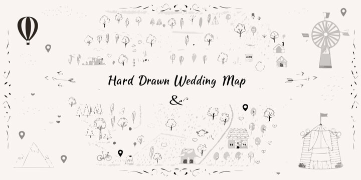 A hand drawn wedding map featuring whimsical illustrations and location markers