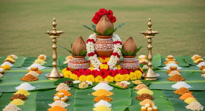 Traditional South Indian Festive Feast Served on Banana Leaf with Flowers, Sweets and Ritual Decorations
