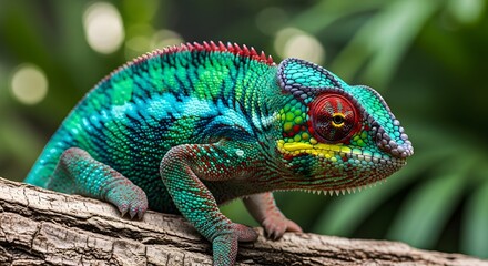 Fototapeta premium Vibrant green chameleon perched on tree branch with colorful scales and red eyes in tropical forest