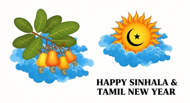 Happy Sinhala and Tamil New Year Greeting with Cashew Fruit, Sun and Crescent Symbol Illustration
