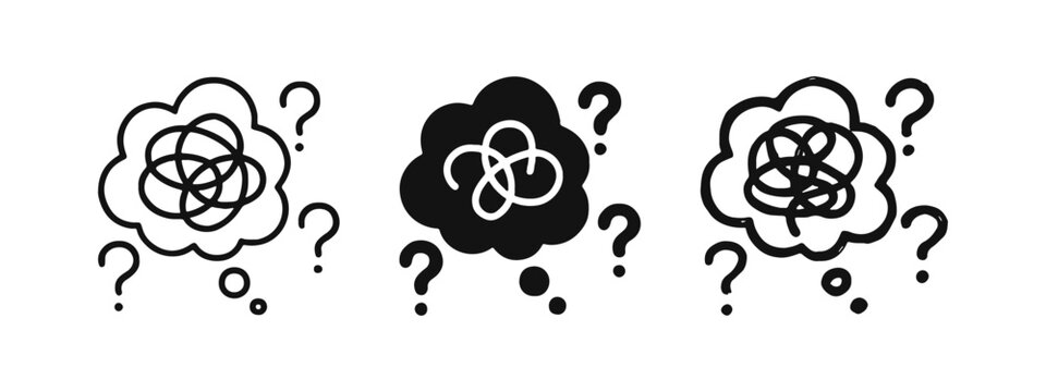 Confusion and Problem Icons: Tangled Thought Bubbles with Question Marks in Doodle Style