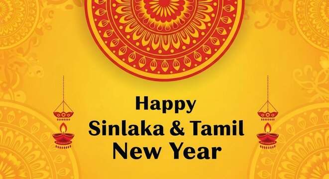 Happy Sinhala and Tamil New Year Greeting with Hanging Oil Lamps and Mandala on Yellow Background