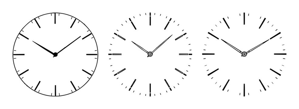 Clock face set with clean white background and vector clock hands featuring timepiece, gauge, horology with illustration and design