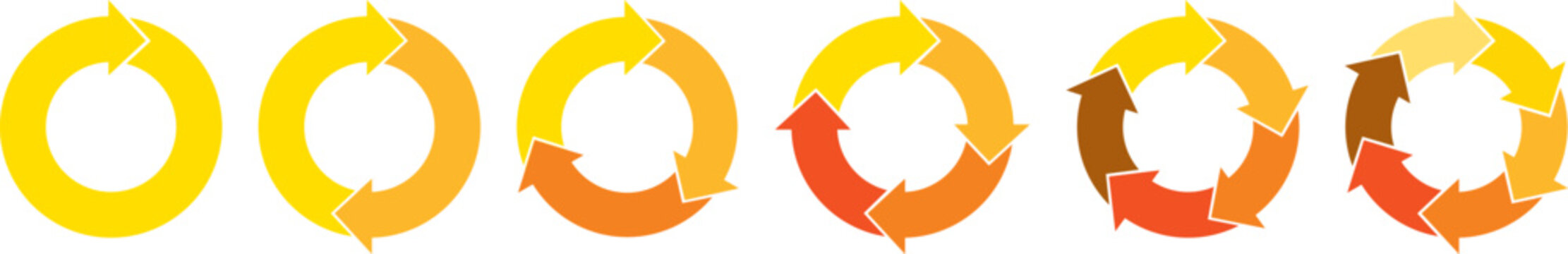 Yellow tones circle arrows. Cycle infographic icons set. Rotation round vector scheme process template. Hand drawn illustration.