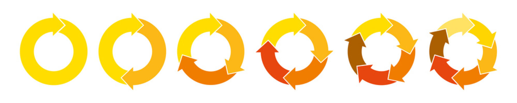 Yellow tones circle arrows. Cycle infographic icons set. Rotation round scheme process template. Hand drawn illustration.