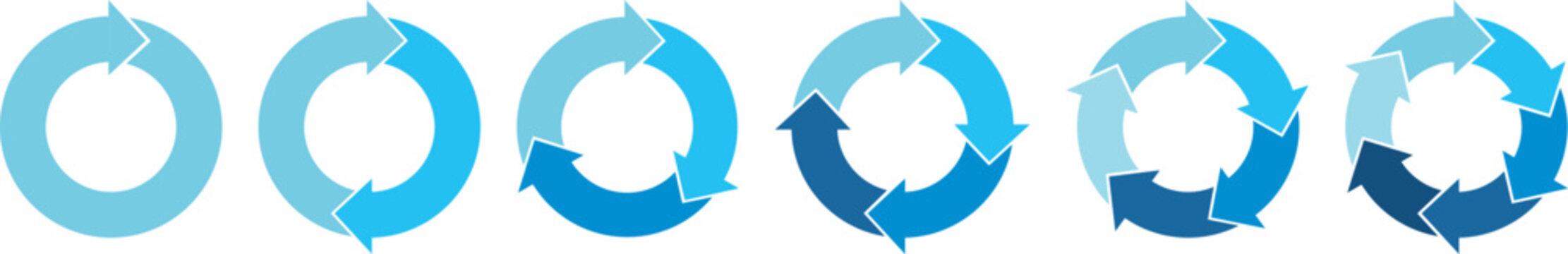 Blue tones circle arrows. Cycle infographic icons set. Rotation round vector scheme process template. Hand drawn illustration.