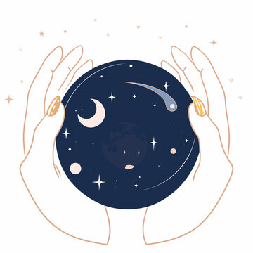 Hands holding a crystal ball revealing a starry night scene