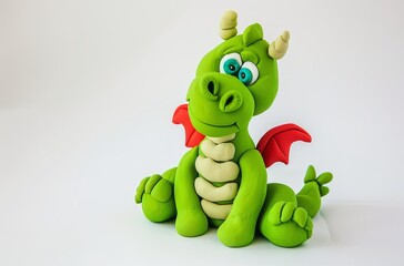 Fototapeta premium Cute green dragon plasticine clay cartoon character simple design white background front view heart wings
