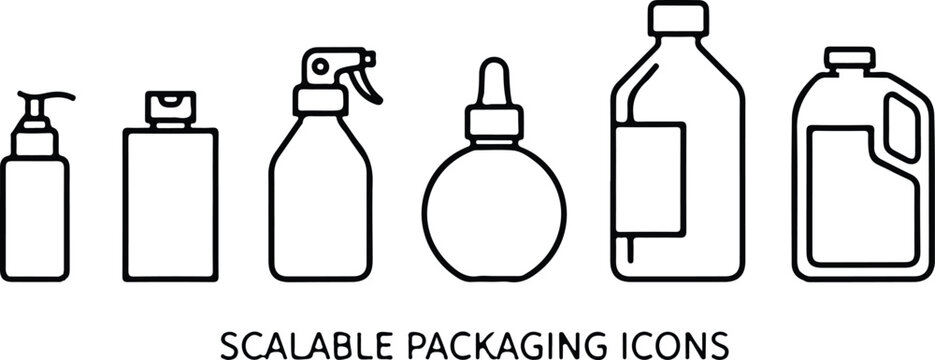 Scalable minimalist outline icon set of cosmetic and industrial packaging bottles including pump spray dropper and jug
