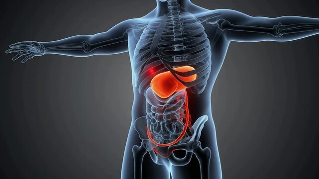 Vibrant scientific visualization of human internal anatomy, highlighting key organs with an energetic glow for advanced medical understanding and education