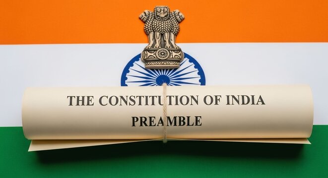 Indian Constitution Preamble Scroll on Tricolor Flag with Ashoka Chakra Symbol