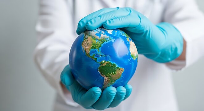 Medical professional hands in blue surgical gloves holding earth globe, healthcare global protection concept, scientist protecting world planet