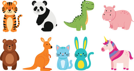 Obraz premium Cute Cartoon Animal Set Featuring Tiger, Panda, Dinosaur, Hippo, Bear, Kangaroo, Cat, Rabbit, and Unicorn for Kids Nursery and Educational Design Projects.