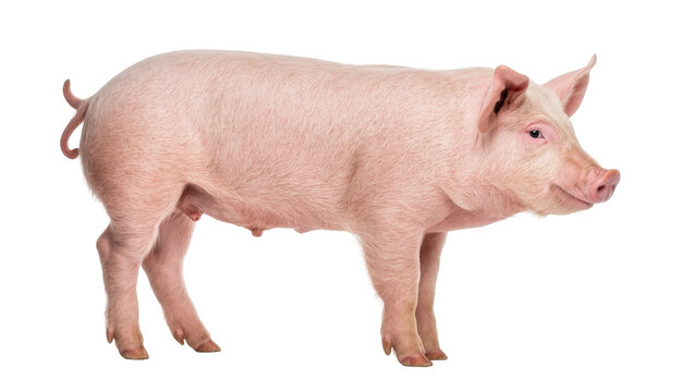 Farm pig standing in side view, a healthy domestic animal often raised for pork
