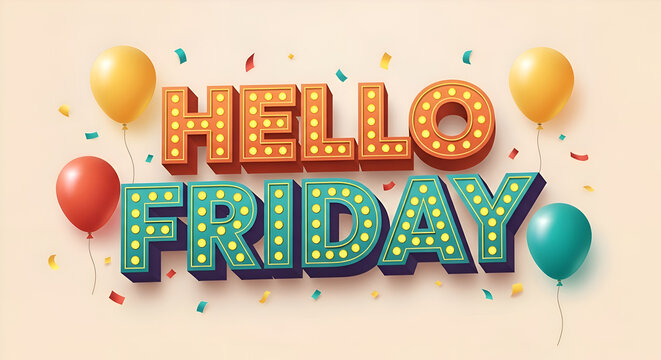 Hello friday quote, card or banner with typography design. Vector illustration, retro light bulbs font, party streamers, confetti and flying balloons. Lettering poster, hi text message