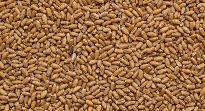 Close up texture of dry wheat kernels spread evenly across a surface, creating a seamless background or frame for food concepts, rustic, diet, cereal