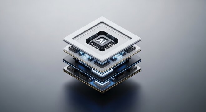 Stacked computer microchips with A I symbol on central processor artificial intelligence technology